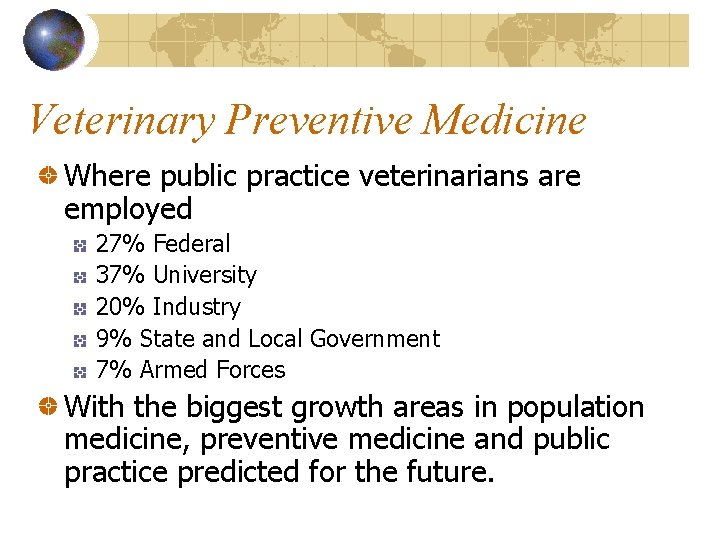 Veterinary Preventive Medicine Where public practice veterinarians are employed 27% Federal 37% University 20%