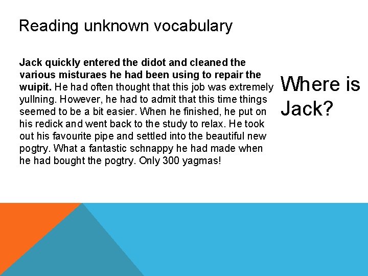 Reading unknown vocabulary Jack quickly entered the didot and cleaned the various misturaes he