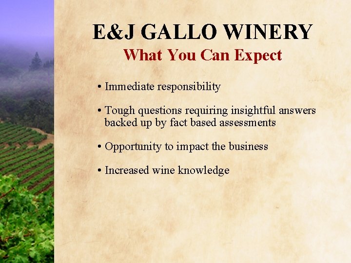 E&J GALLO WINERY What You Can Expect • Immediate responsibility • Tough questions requiring