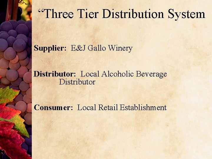 “Three Tier Distribution System Supplier: E&J Gallo Winery Distributor: Local Alcoholic Beverage Distributor Consumer: