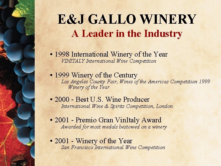 E&J GALLO WINERY A Leader in the Industry • 1998 International Winery of the