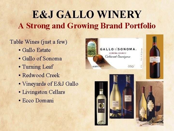 E&J GALLO WINERY A Strong and Growing Brand Portfolio Table Wines (just a few)