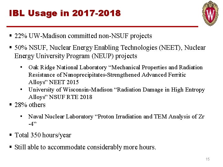 IBL Usage in 2017 -2018 § 22% UW-Madison committed non-NSUF projects § 50% NSUF,