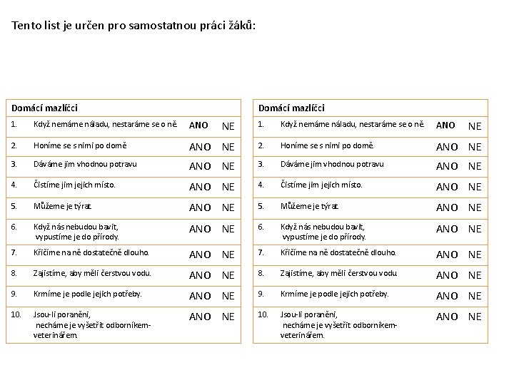 Tento list je určen pro samostatnou práci žáků: Domácí mazlíčci 1. Když nemáme náladu,