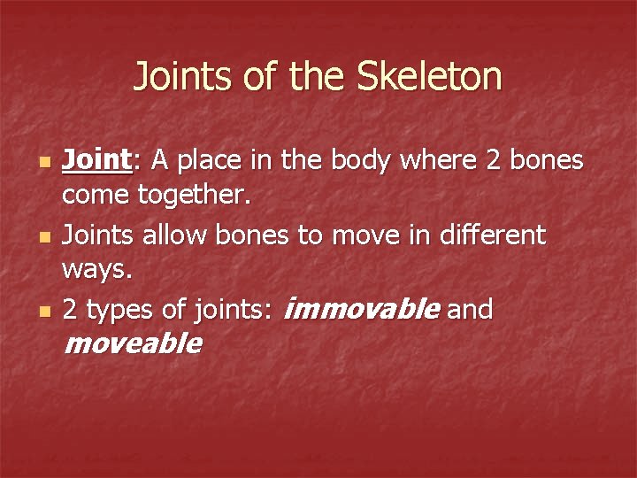 Joints of the Skeleton n Joint: A place in the body where 2 bones