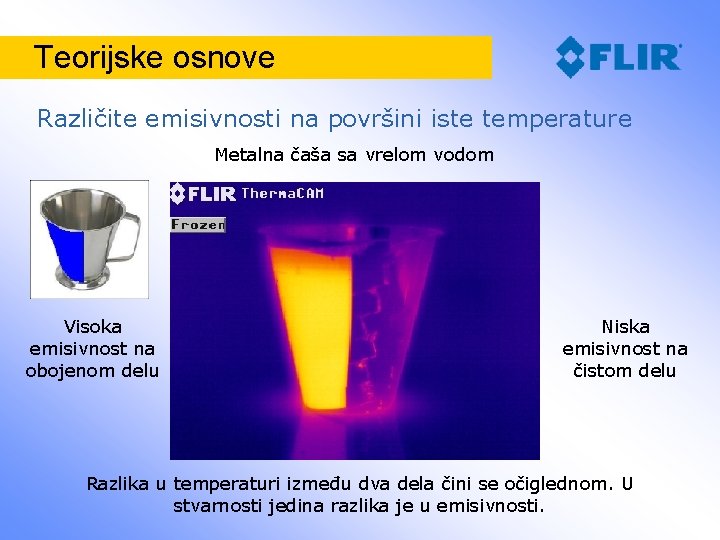 Teorijske osnove Različite emisivnosti na površini iste temperature Metalna čaša sa vrelom vodom Visoka