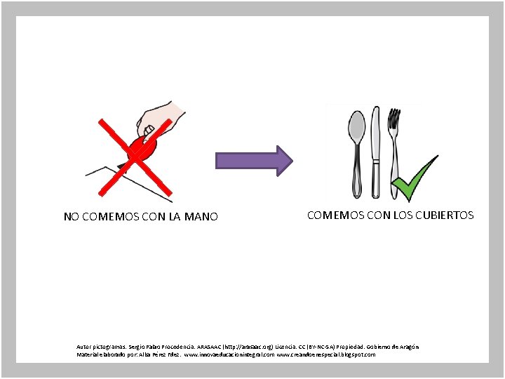 NO COMEMOS CON LA MANO COMEMOS CON LOS CUBIERTOS Autor pictogramas: Sergio Palao Procedencia: NO COMEMOS CON LA MANO COMEMOS CON LOS CUBIERTOS Autor pictogramas: Sergio Palao Procedencia:
