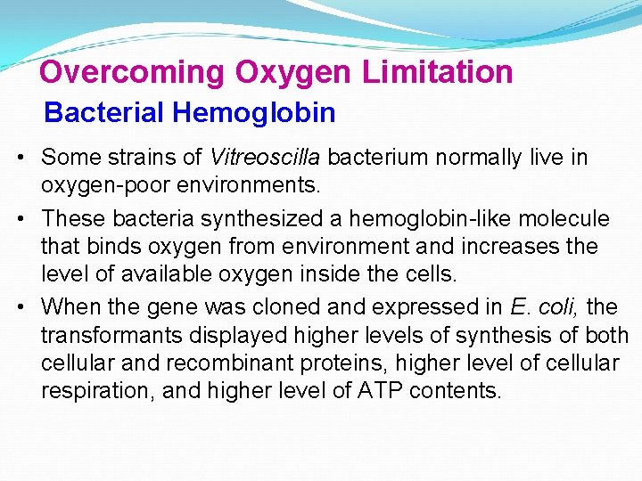 Overcoming Oxygen Limitation Bacterial Hemoglobin • Some strains of Vitreoscilla bacterium normally live in