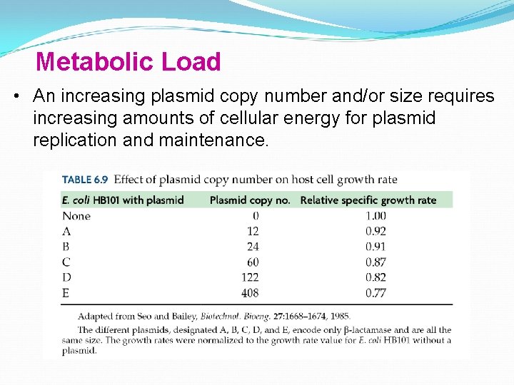 Metabolic Load • An increasing plasmid copy number and/or size requires increasing amounts of