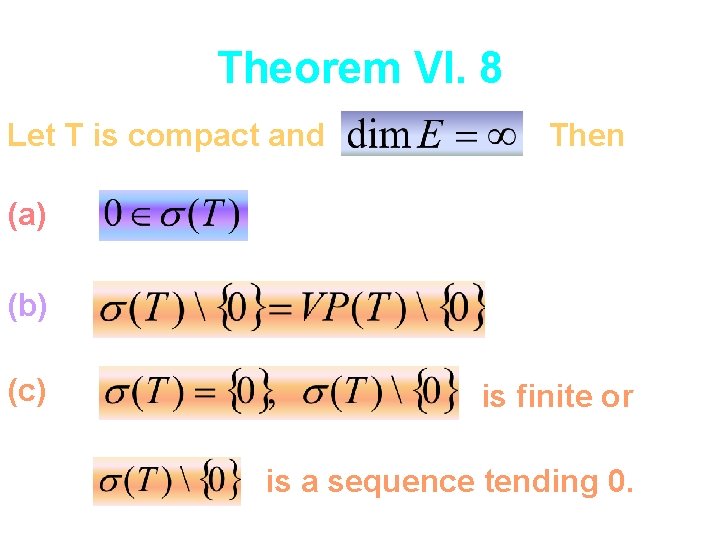 Theorem VI. 8 Let T is compact and Then (a) (b) (c) is finite