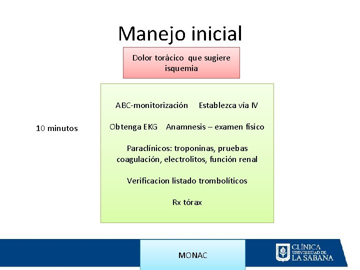 Manejo inicial Dolor torácico que sugiere isquemia ABC-monitorización 10 minutos Establezca vía IV Obtenga Manejo inicial Dolor torácico que sugiere isquemia ABC-monitorización 10 minutos Establezca vía IV Obtenga