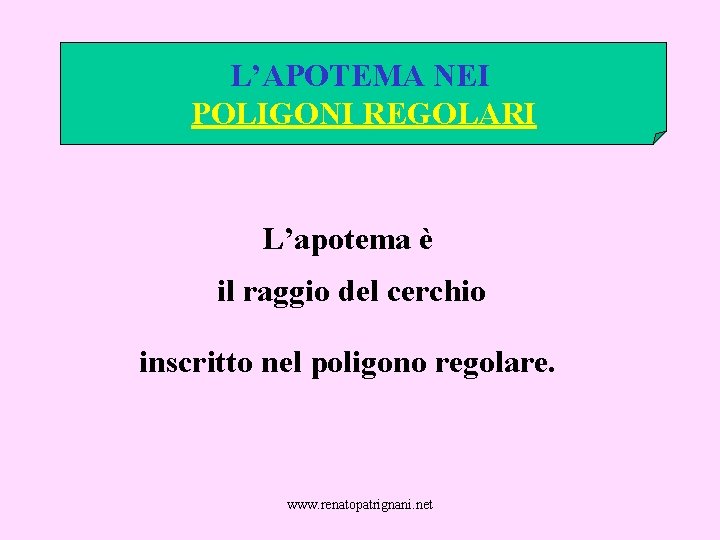 L’APOTEMA NEI POLIGONI REGOLARI L’apotema è il raggio del cerchio inscritto nel poligono regolare.