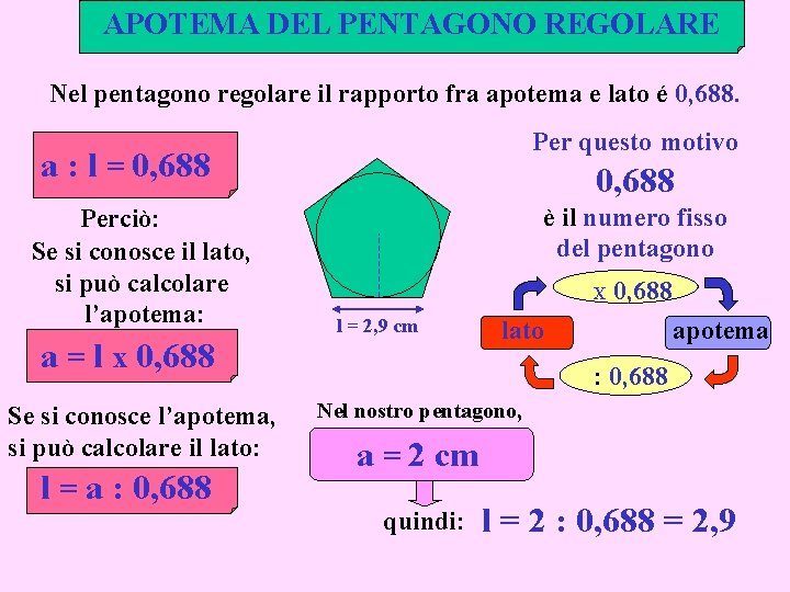 APOTEMA DEL PENTAGONO REGOLARE Nel pentagono regolare il rapporto fra apotema e lato é