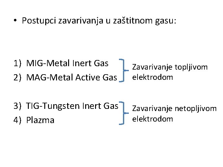  • Postupci zavarivanja u zaštitnom gasu: 1) MIG-Metal Inert Gas 2) MAG-Metal Active