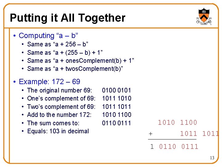 Putting it All Together • Computing “a – b” • • Same as “a