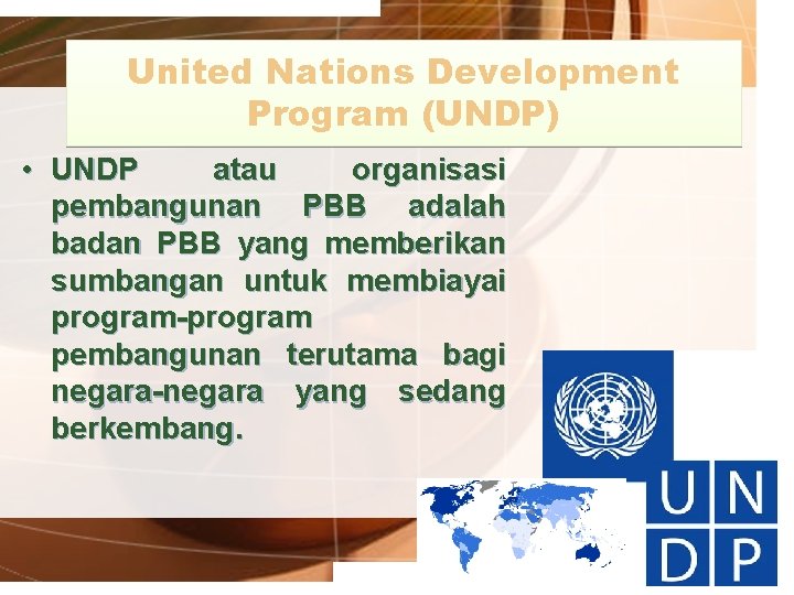 United Nations Development Program (UNDP) • UNDP atau organisasi pembangunan PBB adalah badan PBB