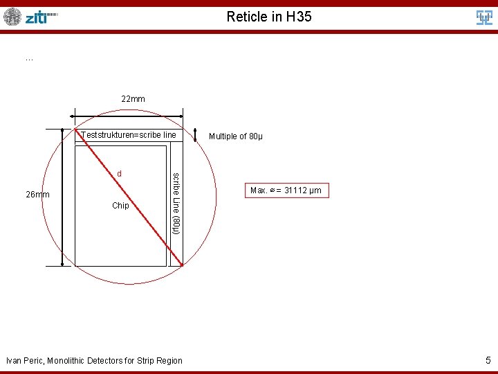 Reticle in H 35 … 22 mm Teststrukturen=scribe line 26 mm Chip scribe Line