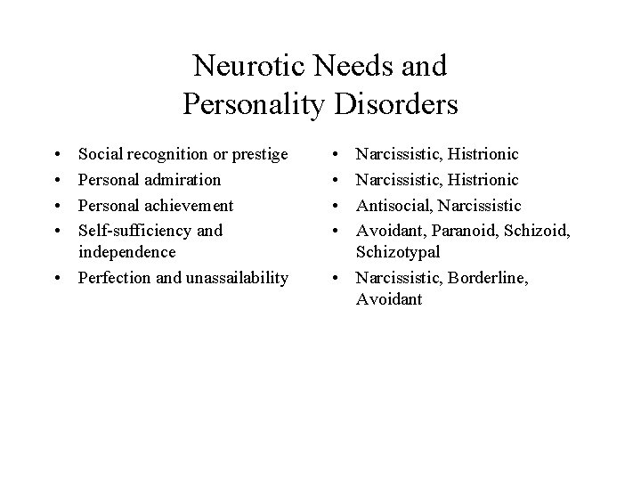 Neurotic Needs and Personality Disorders • • Social recognition or prestige Personal admiration Personal