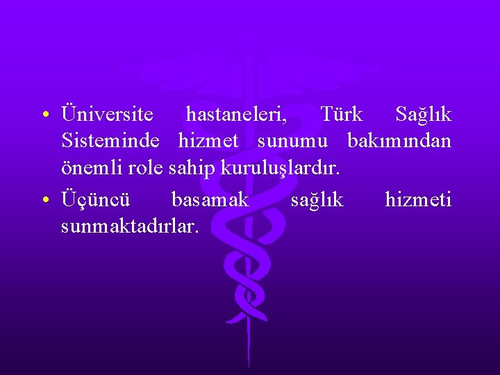  • Üniversite hastaneleri, Türk Sağlık Sisteminde hizmet sunumu bakımından önemli role sahip kuruluşlardır.