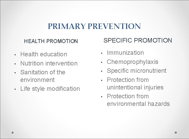 PRIMARY PREVENTION SPECIFIC PROMOTION HEALTH PROMOTION • • Health education Nutrition intervention Sanitation of