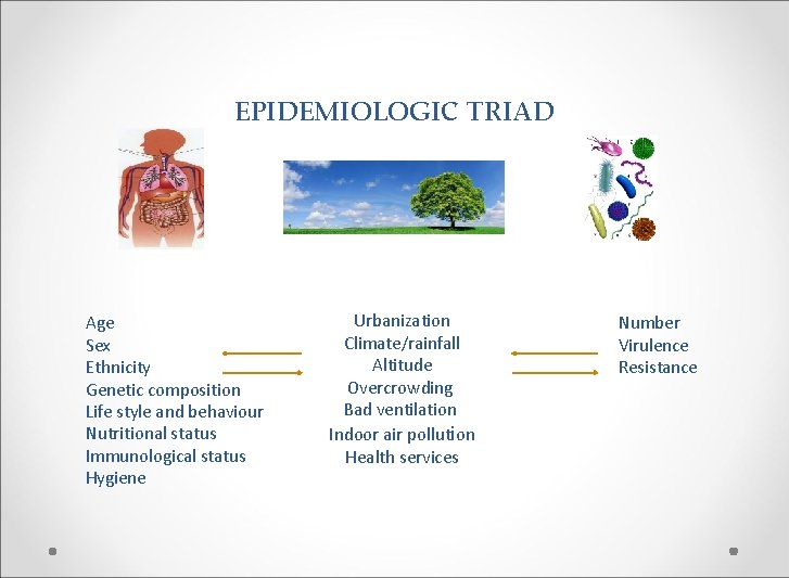 EPIDEMIOLOGIC TRIAD Age Sex Ethnicity Genetic composition Life style and behaviour Nutritional status Immunological