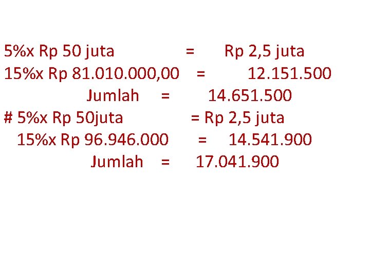 5%x Rp 50 juta 15%x Rp 81. 010. 000, 00 Jumlah = # 5%x