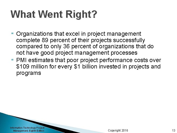 What Went Right? Organizations that excel in project management complete 89 percent of their