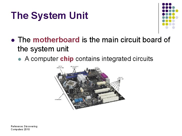 The System Unit l The motherboard is the main circuit board of the system