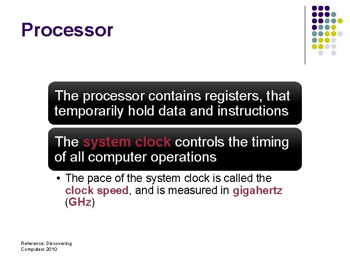 Processor The processor contains registers, that temporarily hold data and instructions The system clock