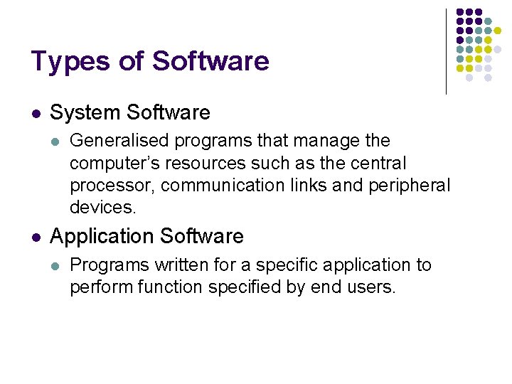 Types of Software l System Software l l Generalised programs that manage the computer’s