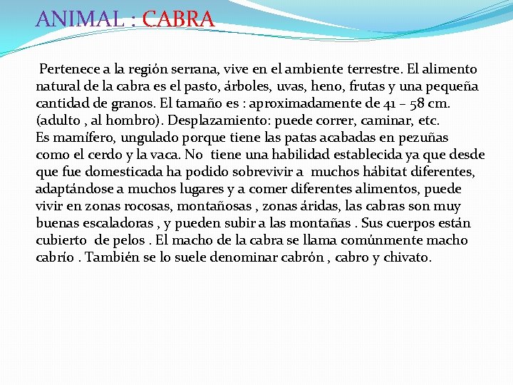 ANIMAL : CABRA Pertenece a la región serrana, vive en el ambiente terrestre. El ANIMAL : CABRA Pertenece a la región serrana, vive en el ambiente terrestre. El
