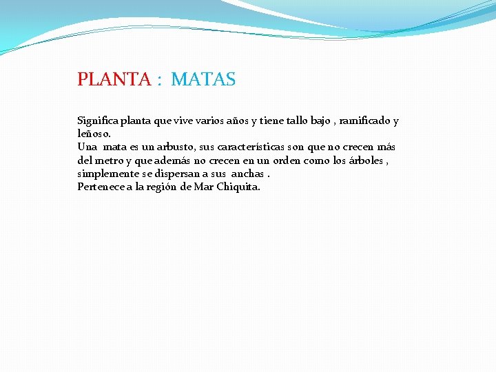 PLANTA : MATAS Significa planta que vive varios años y tiene tallo bajo , PLANTA : MATAS Significa planta que vive varios años y tiene tallo bajo ,