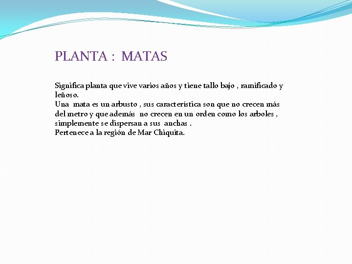 PLANTA : MATAS Significa planta que vive varios años y tiene tallo bajo , PLANTA : MATAS Significa planta que vive varios años y tiene tallo bajo ,