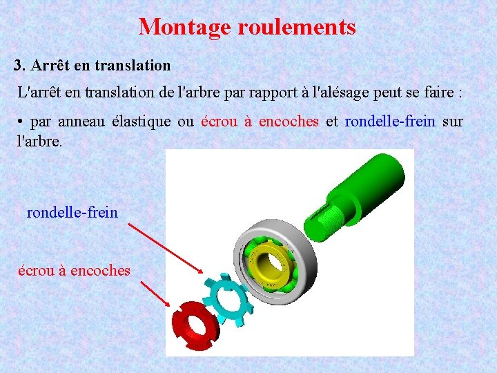 Montage roulements 3. Arrêt en translation L'arrêt en translation de l'arbre par rapport à