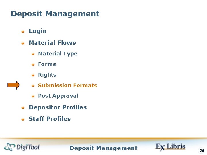 Deposit Management Login Material Flows Material Type Forms Rights Submission Formats Post Approval Depositor Deposit Management Login Material Flows Material Type Forms Rights Submission Formats Post Approval Depositor