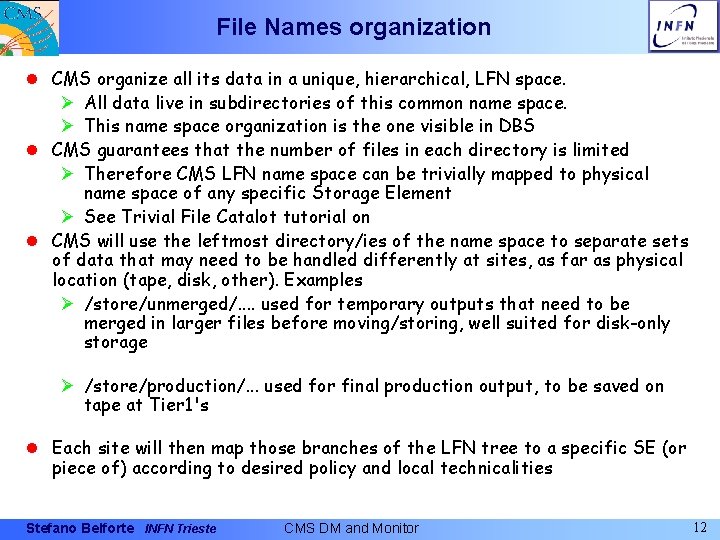 File Names organization l CMS organize all its data in a unique, hierarchical, LFN