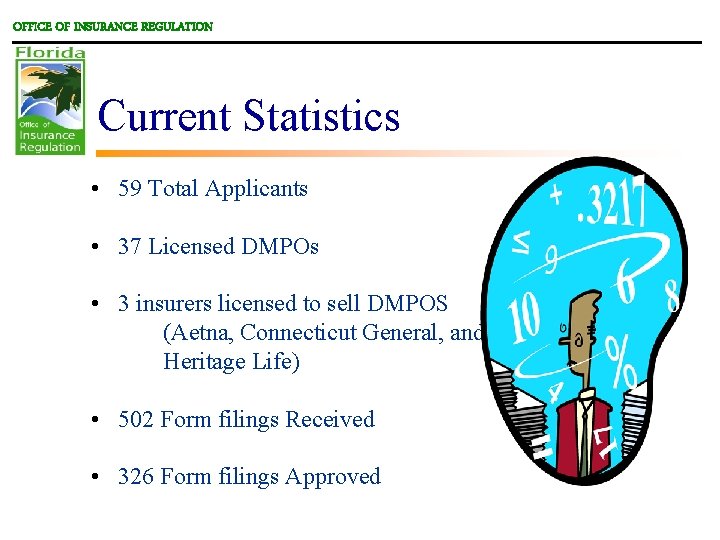 OFFICE OF INSURANCE REGULATION Current Statistics • 59 Total Applicants • 37 Licensed DMPOs