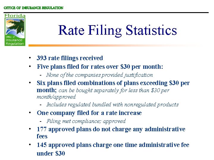 OFFICE OF INSURANCE REGULATION Rate Filing Statistics • 393 rate filings received • Five