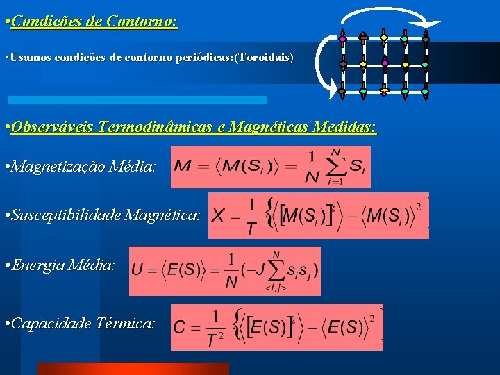  • Condições de Contorno: • Usamos condições de contorno periódicas: (Toroidais) • Observáveis