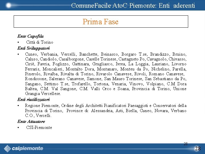 Comune. Facile Ato. C Piemonte: Enti aderenti Prima Fase Ente Capofila • Città di