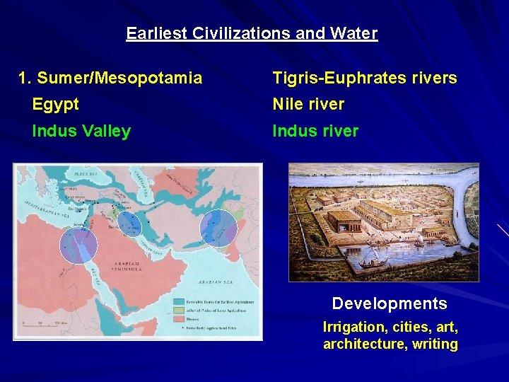 Earliest Civilizations and Water 1. Sumer/Mesopotamia Tigris-Euphrates rivers Egypt Nile river Indus Valley Indus