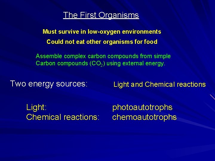 The First Organisms Must survive in low-oxygen environments Could not eat other organisms for