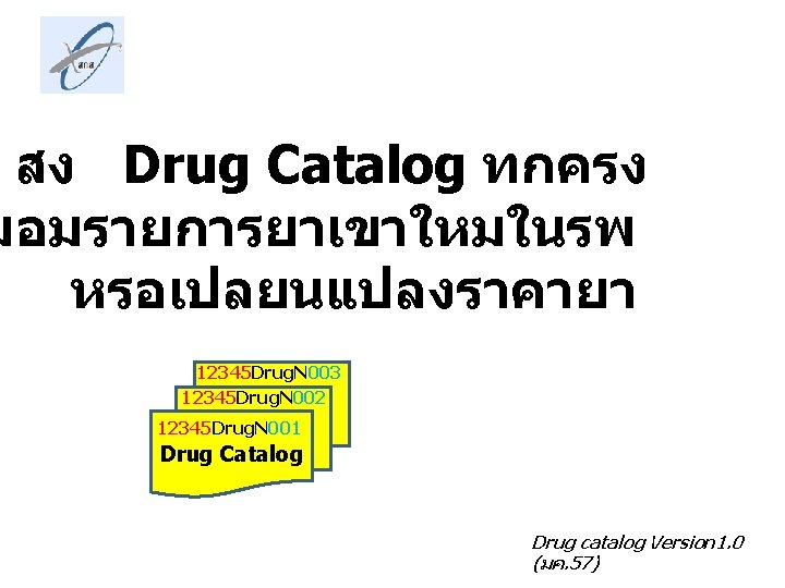 สง Drug Catalog ทกครง มอมรายการยาเขาใหมในรพ หรอเปลยนแปลงราคายา 12345 Drug. N 003 12345 Drug. N 002
