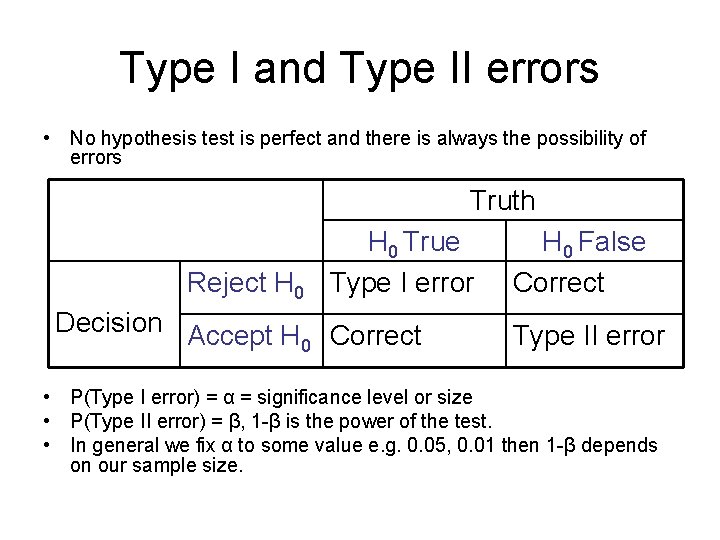 Type I and Type II errors • No hypothesis test is perfect and there
