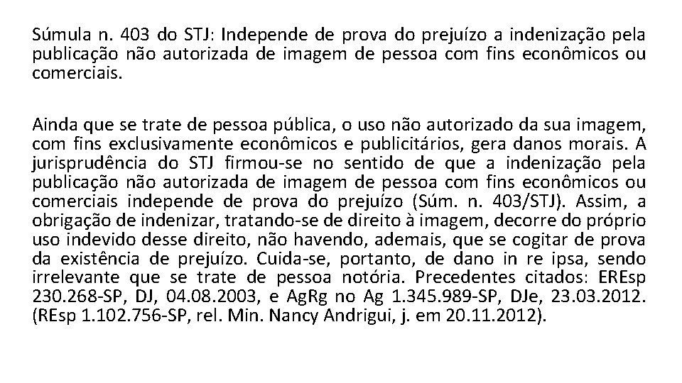 Súmula n. 403 do STJ: Independe de prova do prejuízo a indenização pela publicação