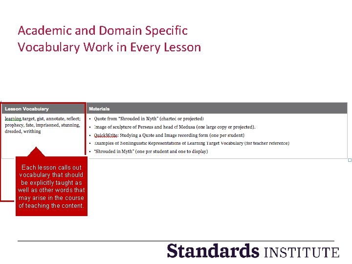 Academic and Domain Specific Vocabulary Work in Every Lesson Each lesson calls out vocabulary