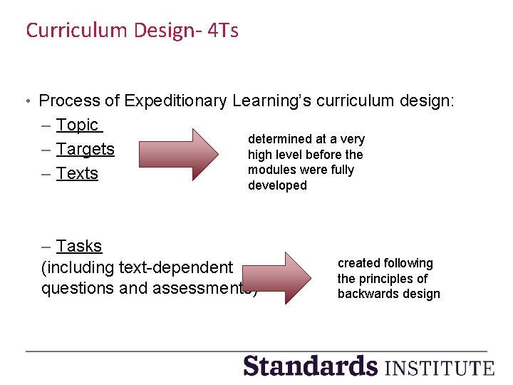 Curriculum Design- 4 Ts • Process of Expeditionary Learning’s curriculum design: – Topic determined