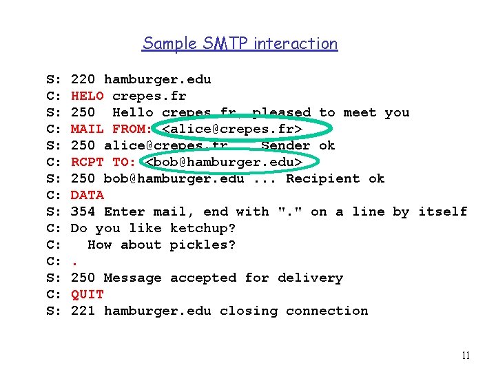 Sample SMTP interaction S: C: S: C: C: C: S: 220 hamburger. edu HELO