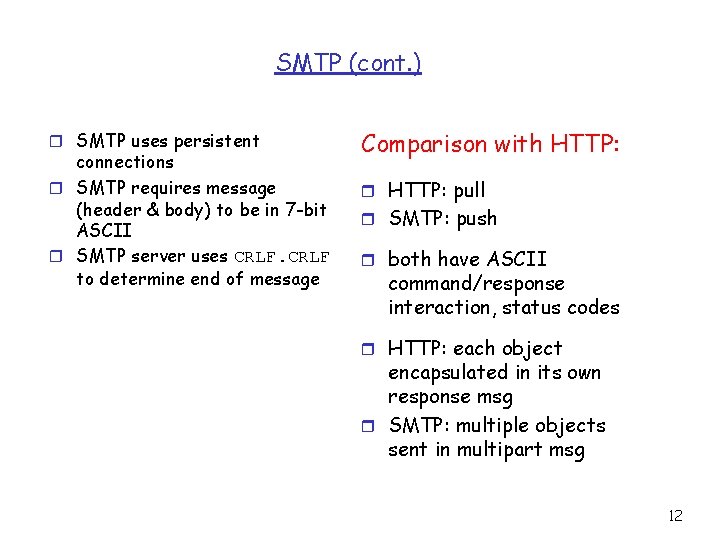 SMTP (cont. ) r SMTP uses persistent connections r SMTP requires message (header &