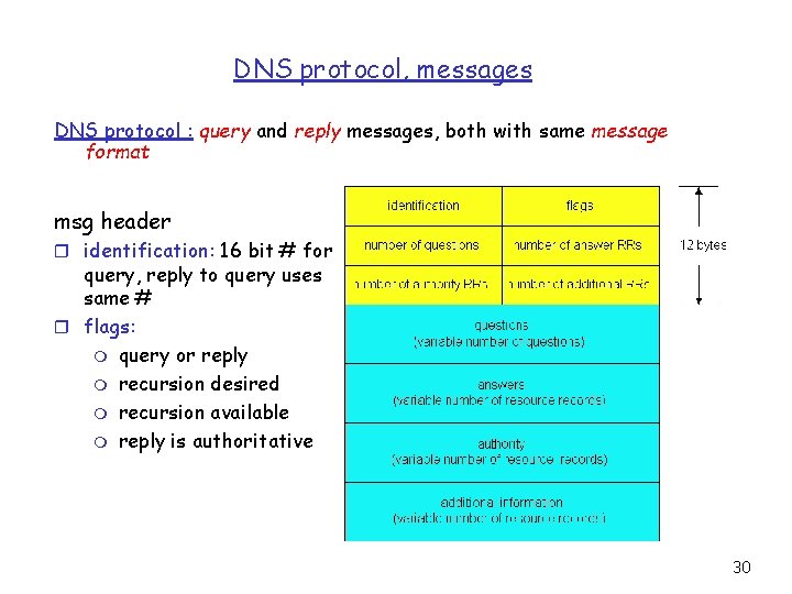 DNS protocol, messages DNS protocol : query and reply messages, both with same message